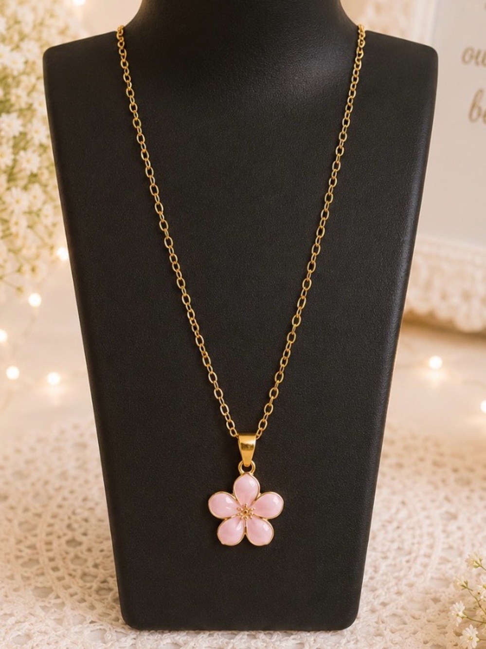 Pink Flower Enamel Pendant Necklace - Gold Tone Chaim-Women Jewelry